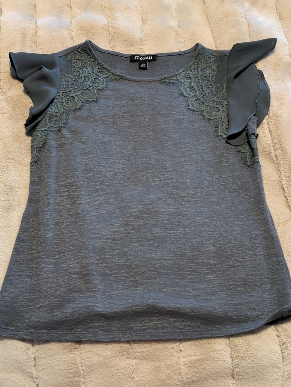 Roz & Ali Slate Blue Lace Flutter Sleeve Top